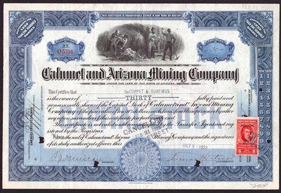 Calumet and Arizona Mining Company Stock Certificate - 1922