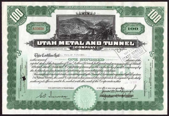 Utah Metal and Tunnel Company Stock Certificate - 1939