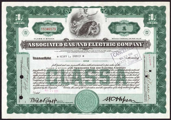 Associated Gas and Electric Company  Stock Certificate - 1931