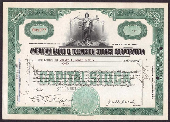 American Radio & Television Stores Corp Stock Certificate - 1931