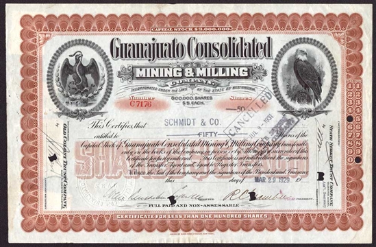 Guanajuato Consolidated Mining & Milling Company Stock Certificate - 1929