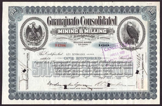 Guanajuato Consolidated Mining & Milling Company Stock Certificate - 1926