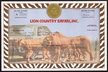 Lion Country Safari, Inc. Stock Certificate - 1974
