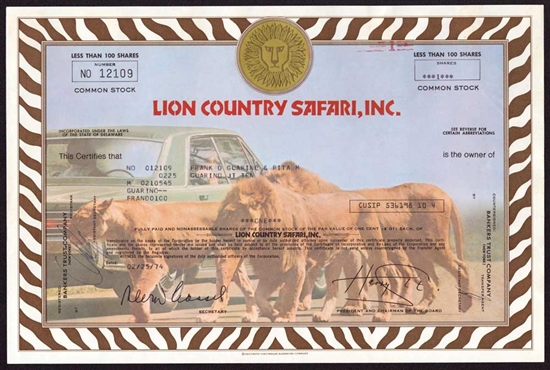 Lion Country Safari, Inc. Stock Certificate - 1974