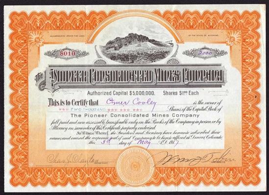 The Pioneer Consolidated Mines Company Stock Certificate - 1917