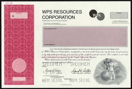 WPS Resources Corp Specimen Stock Certificate