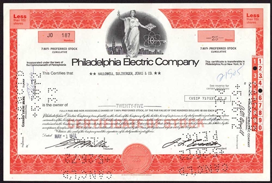 Philadelphia Electric Company Stock Certificate