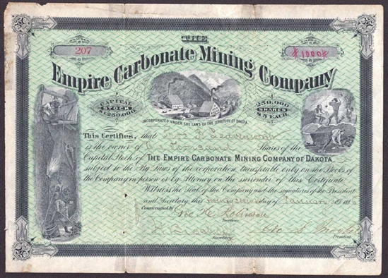 Empire Carbonate Mining Company Stock Certificate - 1886 - Deadwood, Dakota Territory