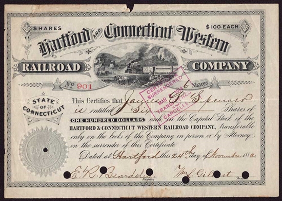 Hartford & Connecticut Western Railroad Company Stock Certificate - 1882
