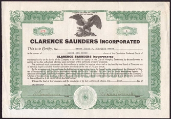 Clarence Saunders Inc.  - Piggly Wiggly Founder - Signed by C. Saunders