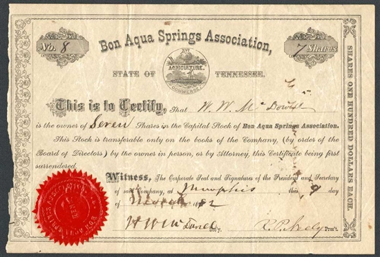 Bon Aqua Springs Association Stock Certificate 1872