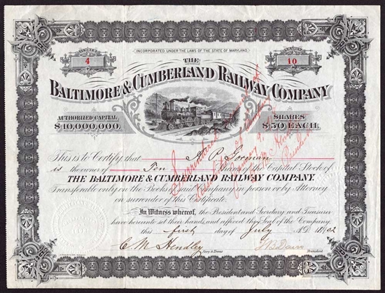 Baltimore & Cumberland Railway Company Stock Certificate