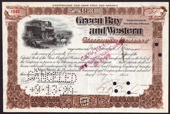 Green Bay and Western Railroad Company Stock Certificate