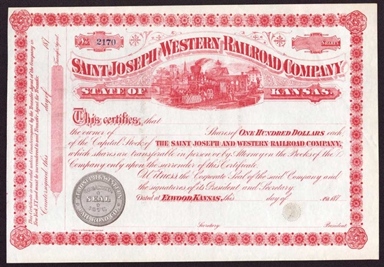 Saint Joseph & Western Railroad Company Stock Certificate