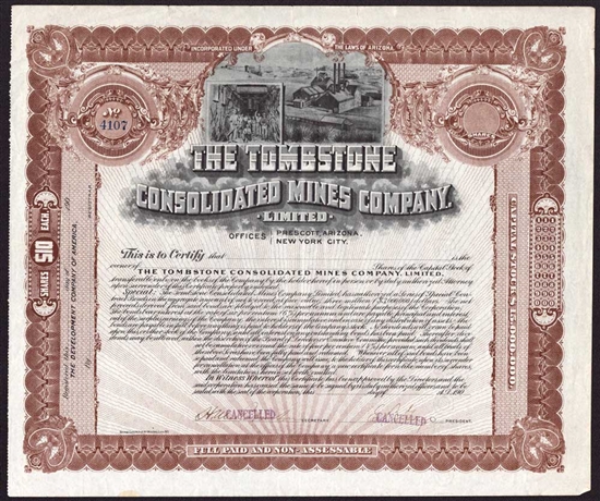 The Tombstone Consolidated Mines Company Stock Certificate - 190_