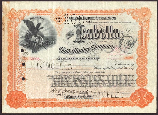 The Isabella Gold Mining Company Stock Certificate - 1896