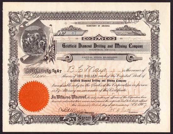 Goldfield Diamond Drilling & Mining Company Stock Certificate