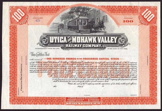 Utica & Mohawk Valley Railway Company  Stock Certificate