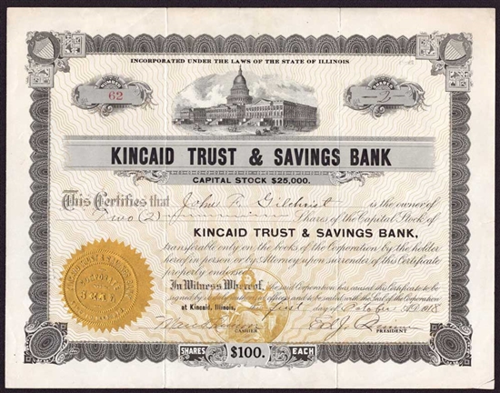 Kincaid Trust & Savings Bank Stock Certificate