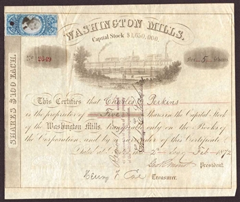 Washington Mills Stock Certificate - 1872