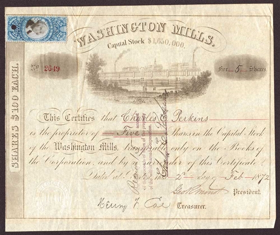 Washington Mills Stock Certificate - 1872