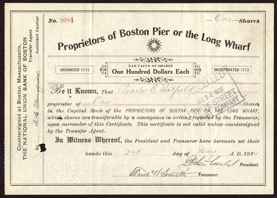 Proprietors of Boston Pier or the Long Wharf Stock Certificate