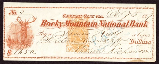 Rocky Mountain National Bank of Central City, CO Check - 1869
