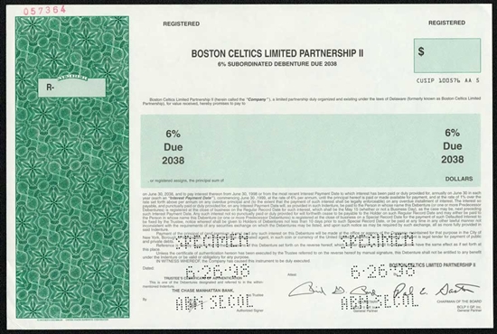 Boston Celtics Specimen Stock Certificate