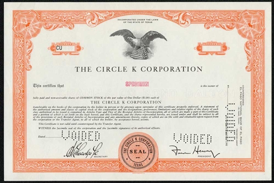 The Circle K Corporation Specimen Stock Certificate - Orange