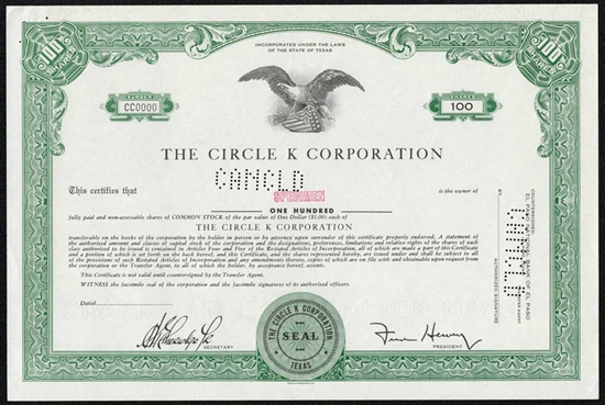 The Circle K Corporation Specimen Stock Certificate - Green