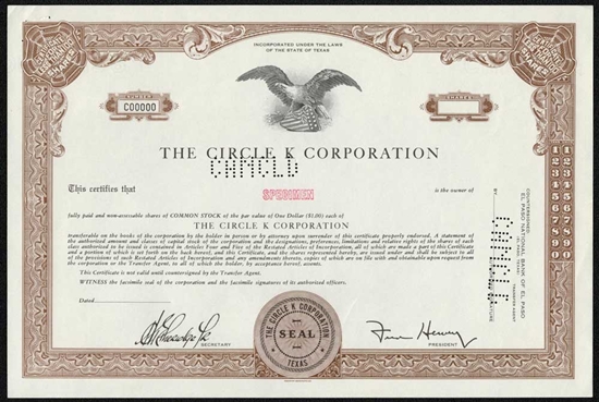 The Circle K Corporation Specimen Stock Certificate - Brown