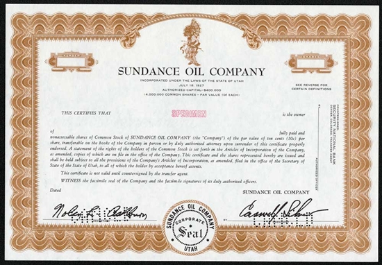 Sundance Oil company Specimen Stock Certificate