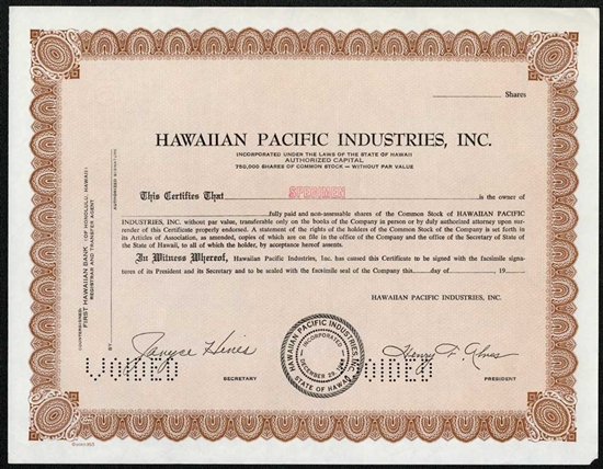 Hawaiian Pacific Industries, Inc. Specimen Stock Certificate - Brown