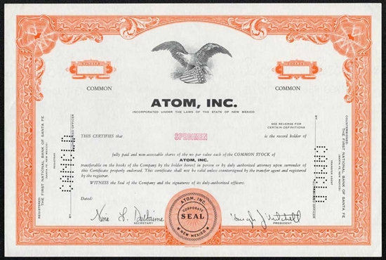 Atom, Inc. Specimen Stock Certificate - Orange