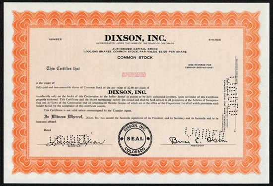 Dixson, Inc. Specimen Stock Certificate