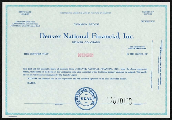 Denver National Financial, Inc. Specimen Stock Certificate - Aqua
