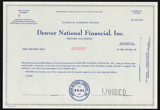 Denver National Financial, Inc. Specimen Stock Certificate - Grey