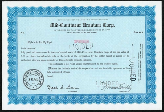 Mid-Continent Uranium Corp. Specimen Stock Certificate - Blue
