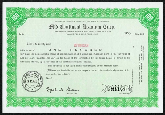Mid-Continent Uranium Corp. Specimen Stock Certificate - Green