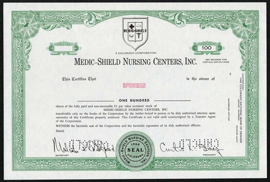 Medic-Shield Nursing Centers, Inc. Specimen Stock Certificate