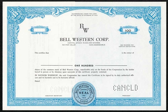 Bell Western Corp. Specimen Stock Certificate