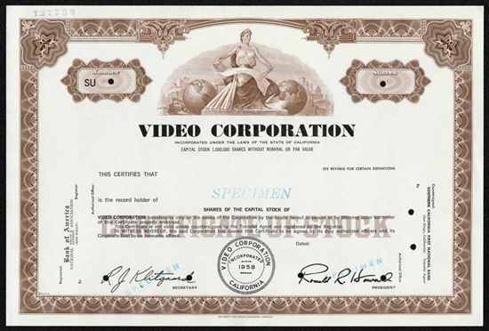 Video Corporation Specimen Stock Certificate - Brown