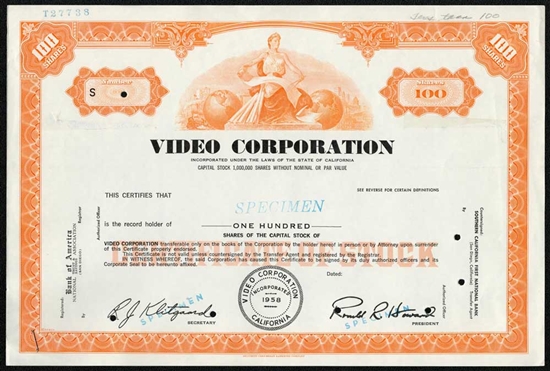 Video Corporation Specimen Stock Certificate - Orange