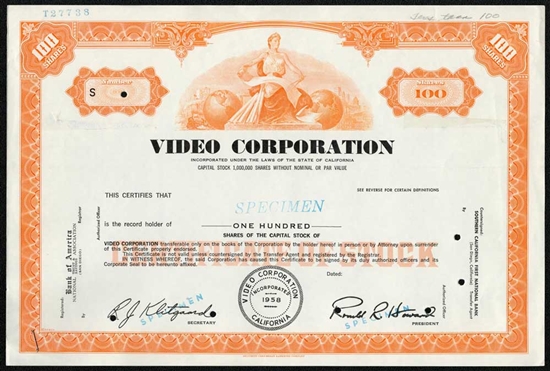Video Corporation Specimen Stock Certificate - Orange