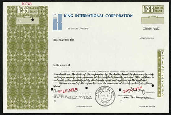 King International Corporation Specimen Stock Certificate - Olive