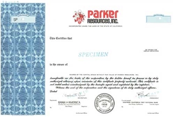 Parker Resources, Inc. Specimen Stock Certificate