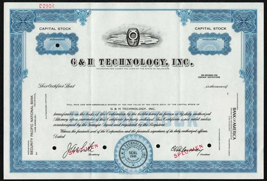 G&H Technology, Inc. Specimen Stock Certificate