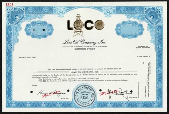 Love Oil Company, Inc. Specimen Stock Certificate - Blue