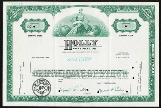 Holly Corporation Specimen Stock Certificate - Green