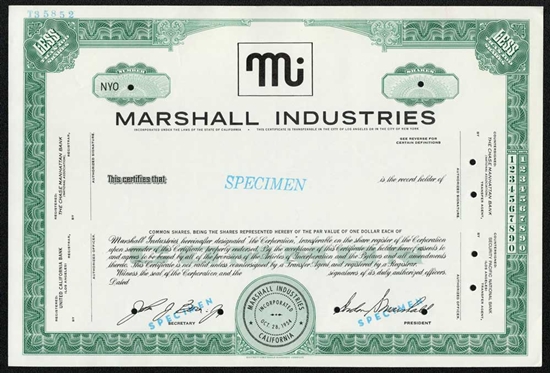 Marshall Industries Specimen Stock Certificate